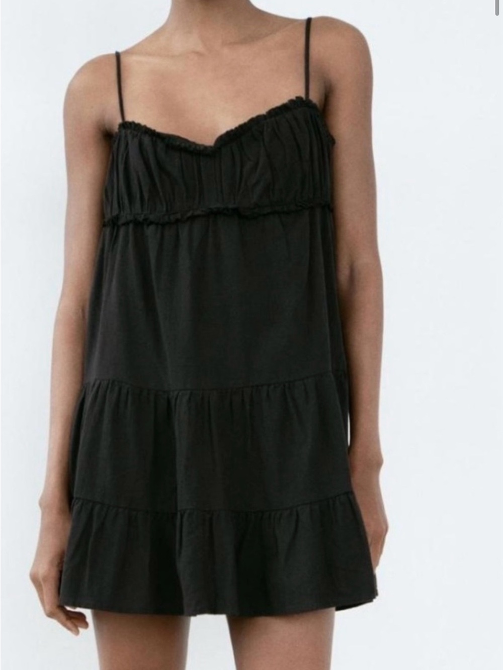 Zara Black cotton Tiered Spaghetti Strap Mini Dress
